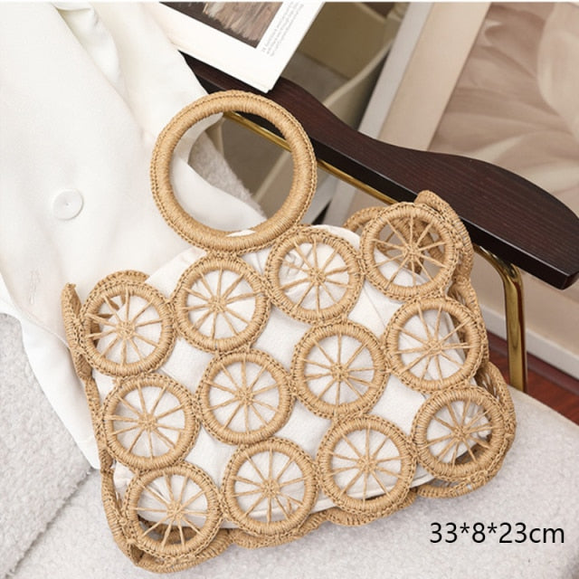 Round Straw Beach Bag Vintage Handmade Woven Shoulder Bag Raffia circle Rattan bags Bohemian Summer Vacation Casual Bags