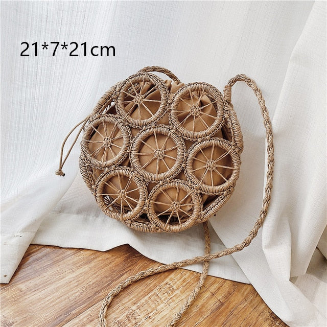 Round Straw Beach Bag Vintage Handmade Woven Shoulder Bag Raffia circle Rattan bags Bohemian Summer Vacation Casual Bags