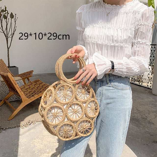 Round Straw Beach Bag Vintage Handmade Woven Shoulder Bag Raffia circle Rattan bags Bohemian Summer Vacation Casual Bags