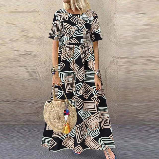 ZANZEA Fashion Summer Maxi Dress Women's Printed Sundress Casual Short Sleeve Vestidos Female High Waist Robe Femme