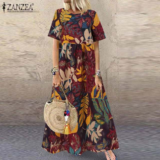 ZANZEA Fashion Summer Maxi Dress Women's Printed Sundress Casual Short Sleeve Vestidos Female High Waist Robe Femme