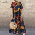 ZANZEA Fashion Summer Maxi Dress Women's Printed Sundress Casual Short Sleeve Vestidos Female High Waist Robe Femme