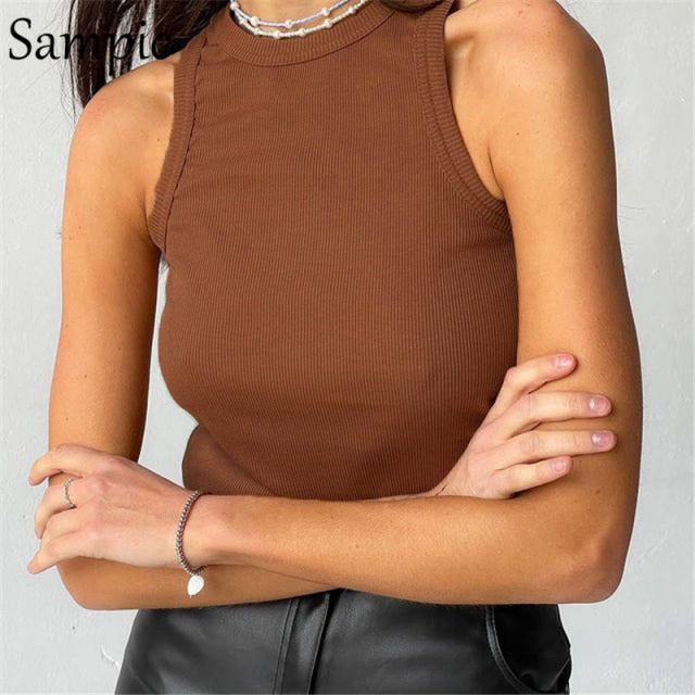 Sampic Knitted Summer Ribber Sleevless T Shirt Tops Women Casual Khaki White Crop Tops 2021 Club Short Skinny Tank Tops Fashion