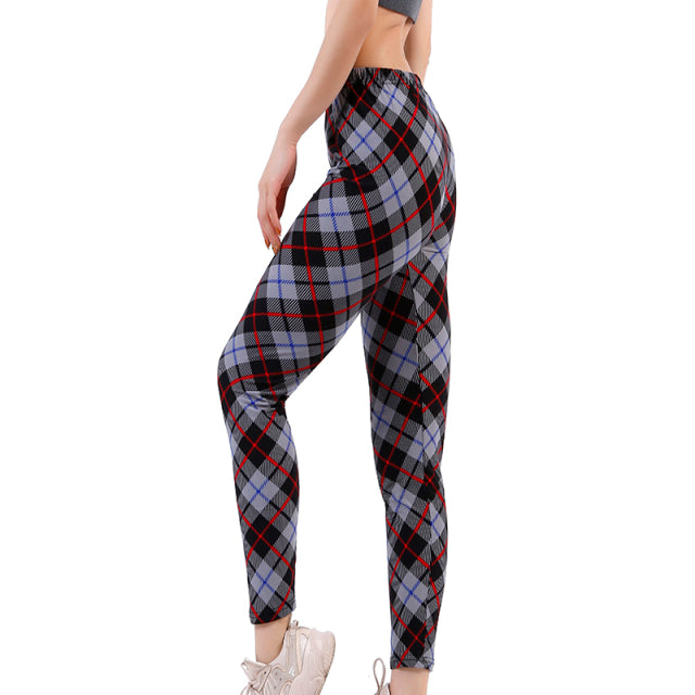 Women Leggings Grid Print Exercise Fitness Leggins Elasticity Plaid Push Up Legging Female Sexy Trousers Pants