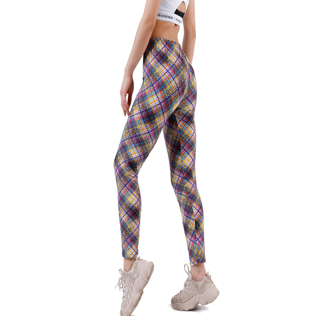 Women Leggings Grid Print Exercise Fitness Leggins Elasticity Plaid Push Up Legging Female Sexy Trousers Pants