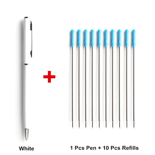 1+10Pcs/Set Metal Ballpoint Pen With Refills For School Office Stainless steel Material Rotating Stationery Supplies Pens