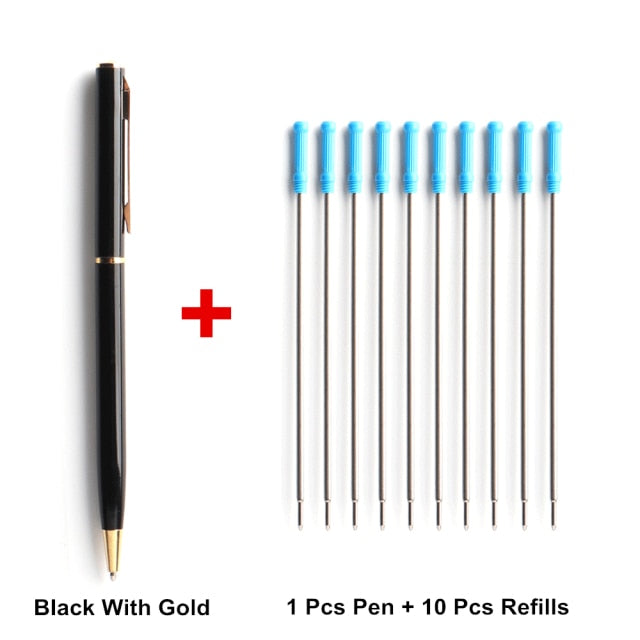 1+10Pcs/Set Metal Ballpoint Pen With Refills For School Office Stainless steel Material Rotating Stationery Supplies Pens