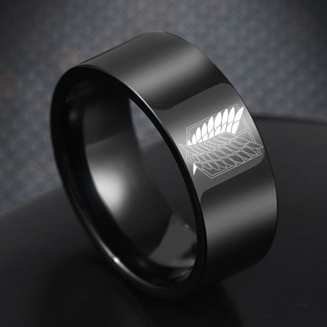 8mm Attack on Titan Black sliver Stainless Steel Ring Wings Of Liberty Flag Finger Rings For Men Women Jewelry Anime Fans