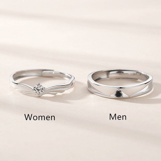 OBEAR 100%  925 Sterling Silver Angel And Devil Couple Rings Wing Feather Opening Rings for Women Men Lovers Party Jewelry