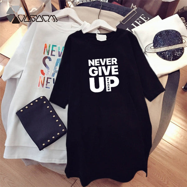 Women Dresses NEVER Series Letter  Black Mini Dress Loose Summer Long T Shirt Casual Clothes Femme Tops White Sukienka