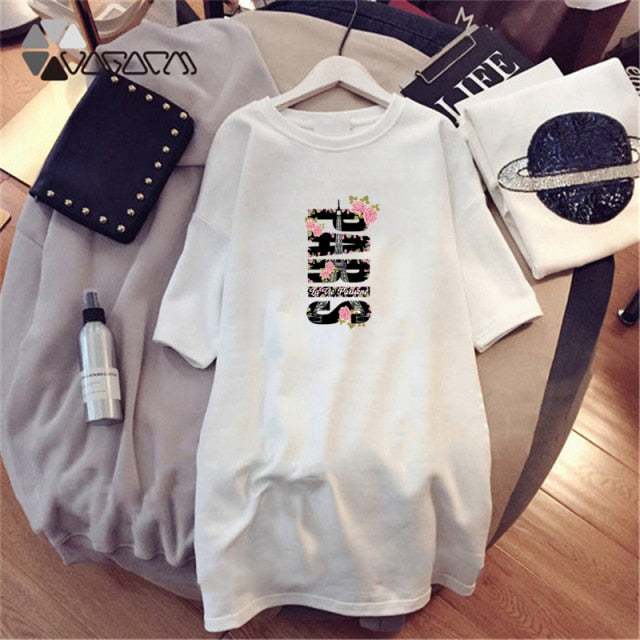 Women Dresses NEVER Series Letter  Black Mini Dress Loose Summer Long T Shirt Casual Clothes Femme Tops White Sukienka