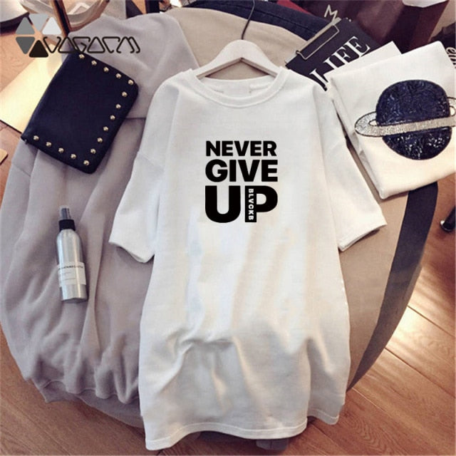 Women Dresses NEVER Series Letter  Black Mini Dress Loose Summer Long T Shirt Casual Clothes Femme Tops White Sukienka