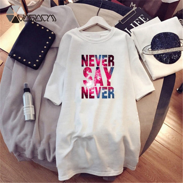 Women Dresses NEVER Series Letter  Black Mini Dress Loose Summer Long T Shirt Casual Clothes Femme Tops White Sukienka