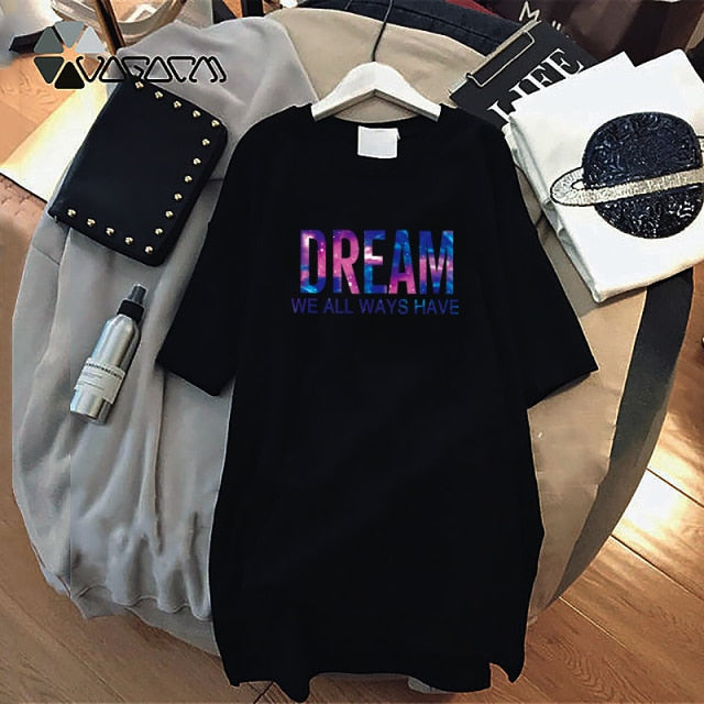 Women Dresses NEVER Series Letter  Black Mini Dress Loose Summer Long T Shirt Casual Clothes Femme Tops White Sukienka