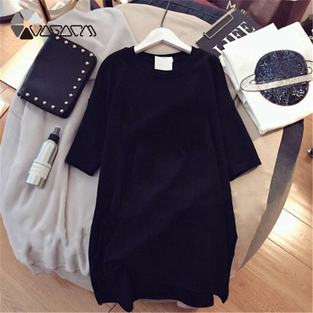 Women Dresses NEVER Series Letter  Black Mini Dress Loose Summer Long T Shirt Casual Clothes Femme Tops White Sukienka