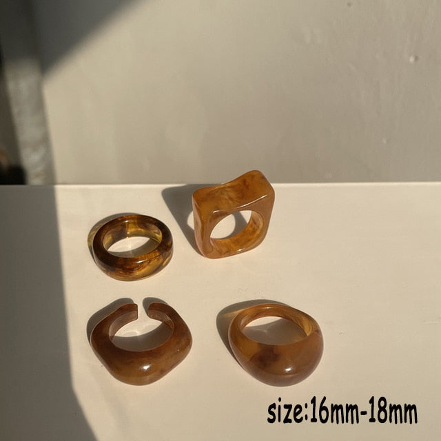 HUANZHI 2021 New Colourful Transparent Resin Acrylic Rhinestone Geometric Square Round Rings Set for Women Jewelry Travel Gifts