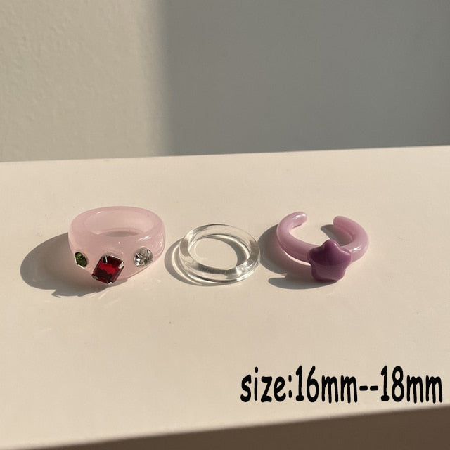 HUANZHI 2021 New Colourful Transparent Resin Acrylic Rhinestone Geometric Square Round Rings Set for Women Jewelry Travel Gifts