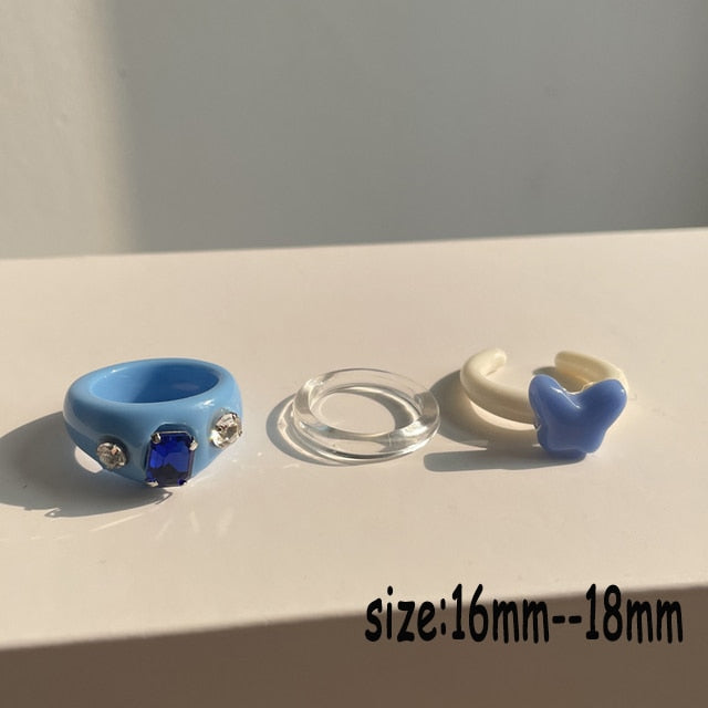 HUANZHI 2021 New Colourful Transparent Resin Acrylic Rhinestone Geometric Square Round Rings Set for Women Jewelry Travel Gifts