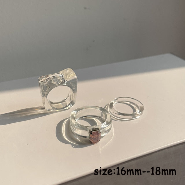 HUANZHI 2021 New Colourful Transparent Resin Acrylic Rhinestone Geometric Square Round Rings Set for Women Jewelry Travel Gifts