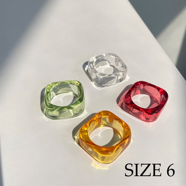 HUANZHI 2021 New Colourful Transparent Resin Acrylic Rhinestone Geometric Square Round Rings Set for Women Jewelry Travel Gifts