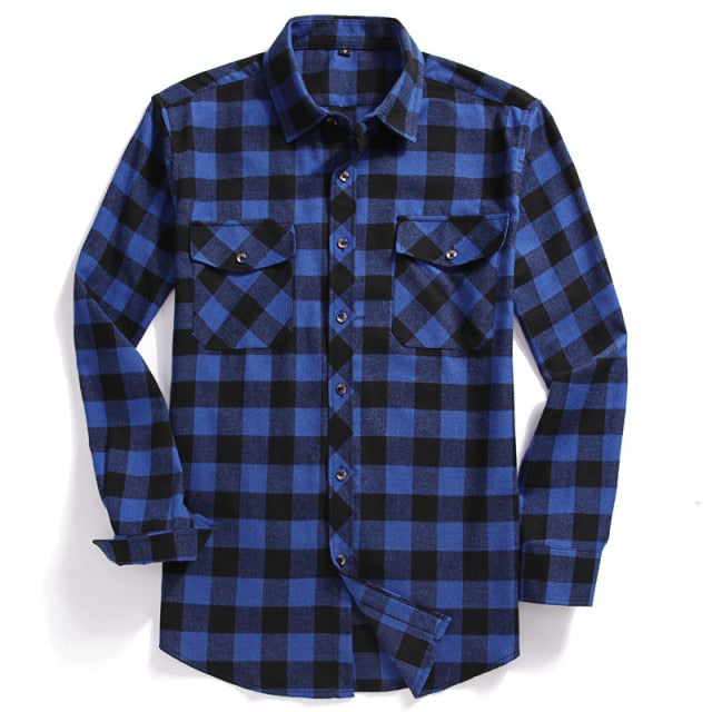 2021 New Men Casual Plaid Flannel Shirt Long-Sleeved Chest Two Pocket Design Fashion Printed-Button (USA SIZE S M L XL 2XL)