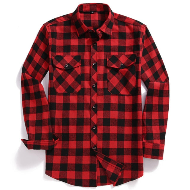 2021 New Men Casual Plaid Flannel Shirt Long-Sleeved Chest Two Pocket Design Fashion Printed-Button (USA SIZE S M L XL 2XL)