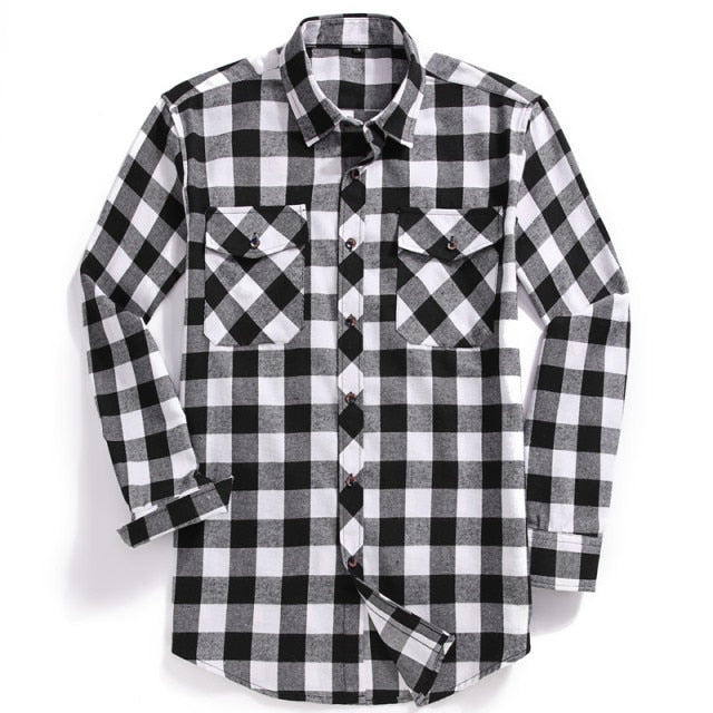 2021 New Men Casual Plaid Flannel Shirt Long-Sleeved Chest Two Pocket Design Fashion Printed-Button (USA SIZE S M L XL 2XL)