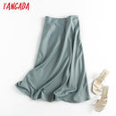 Tangada women solid quality satin midi skirt vintage side zipper office ladies elegant chic A-line skirts 6D18