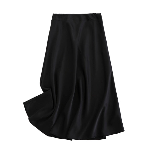 Tangada women solid quality satin midi skirt vintage side zipper office ladies elegant chic A-line skirts 6D18