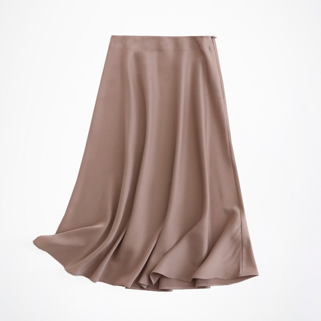 Tangada women solid quality satin midi skirt vintage side zipper office ladies elegant chic A-line skirts 6D18