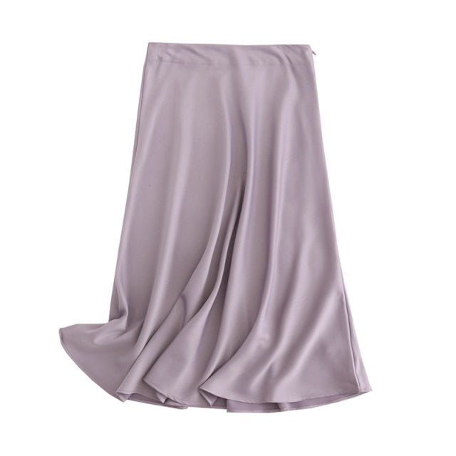 Tangada women solid quality satin midi skirt vintage side zipper office ladies elegant chic A-line skirts 6D18