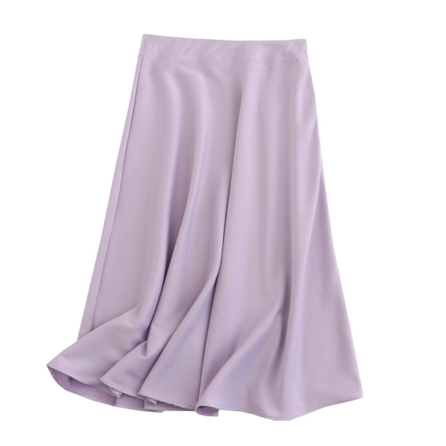 Tangada women solid quality satin midi skirt vintage side zipper office ladies elegant chic A-line skirts 6D18