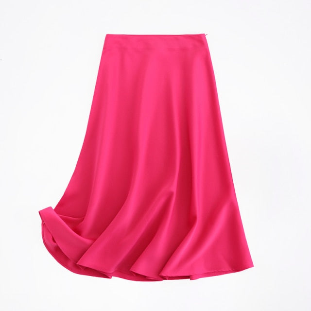Tangada women solid quality satin midi skirt vintage side zipper office ladies elegant chic A-line skirts 6D18