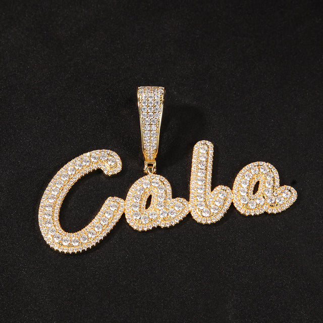 Uwin Custom Brush Cursive Letter Pendant Name Necklace Baguettes Chain Micro Paved CZ Personalized  Hiphop Jewelry