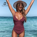 CUPSHE Solid Burgundy Shirring One-piece Swimsuit Women Deep V-neck Removable Bra Plain Monokinis 2021 New Summer Beach Swimwear