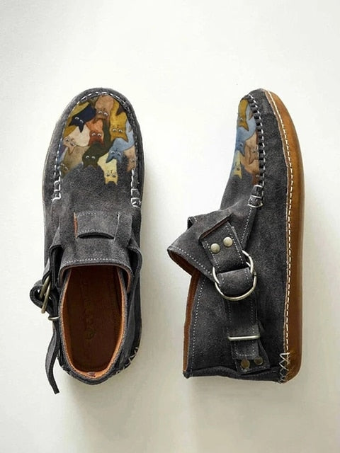 Plover 2021 Winter New Female Comfort Cartoon Cat Printed Leather Button Casual Flat Ankle Boots - 6 Purple