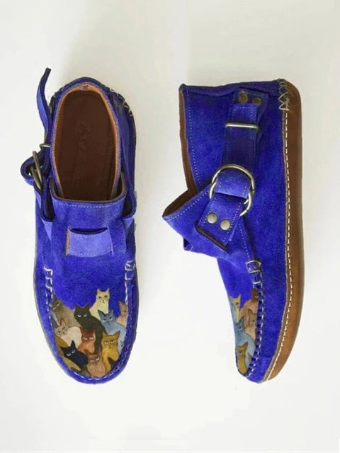 Plover 2021 Winter New Female Comfort Cartoon Cat Printed Leather Button Casual Flat Ankle Boots - 6 Purple