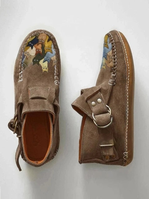 Plover 2021 Winter New Female Comfort Cartoon Cat Printed Leather Button Casual Flat Ankle Boots - 6 Purple