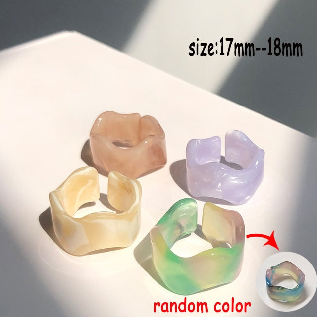 HUANZHI 2021 New Colourful Transparent Resin Acrylic Rhinestone Geometric Square Round Rings Set for Women Jewelry Travel Gifts