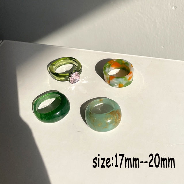 HUANZHI 2021 New Colourful Transparent Resin Acrylic Rhinestone Geometric Square Round Rings Set for Women Jewelry Travel Gifts