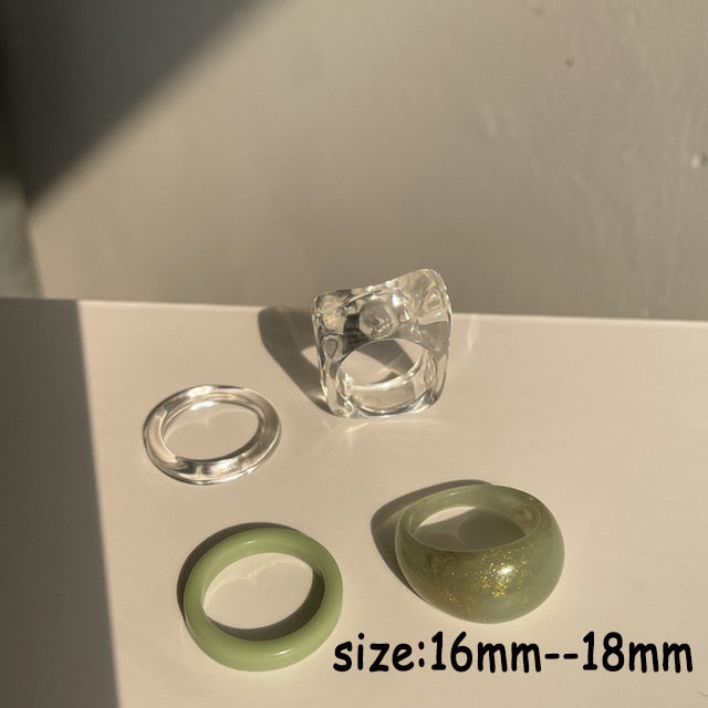 HUANZHI 2021 New Colourful Transparent Resin Acrylic Rhinestone Geometric Square Round Rings Set for Women Jewelry Travel Gifts