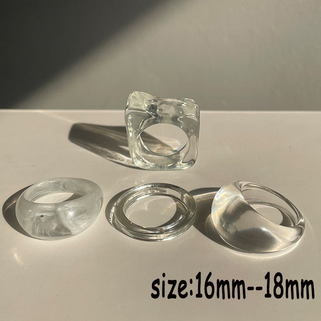 HUANZHI 2021 New Colourful Transparent Resin Acrylic Rhinestone Geometric Square Round Rings Set for Women Jewelry Travel Gifts