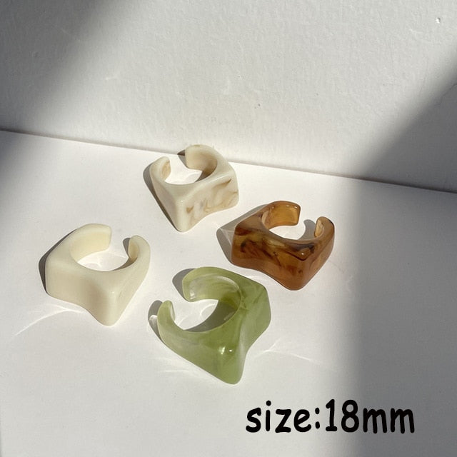 HUANZHI 2021 New Colourful Transparent Resin Acrylic Rhinestone Geometric Square Round Rings Set for Women Jewelry Travel Gifts