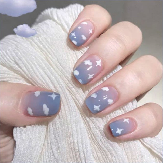 24Pcs/Set Blue Sky White Cloud Pattern Design False Nail French Stiletto Full Cover Fake Nails Glue DIY Manicure Nail Art Tools