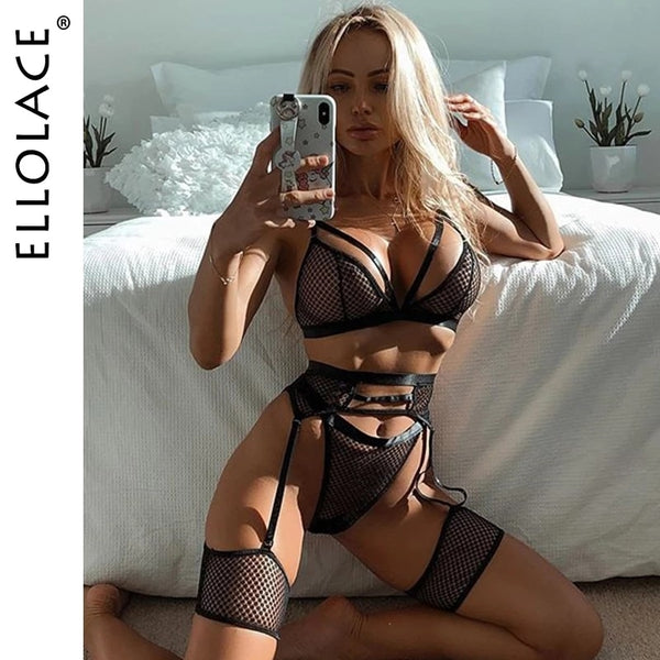 Ellolace Lingerie Women's Underwear Set Mesh Lace Transparent Bra Sexy Lingerie Set 3 Piece Set Sexy Erotic Lingerie Set