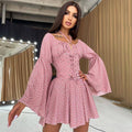 IAMHOTTY Chiffon Slash Neck Mini Dress Women Summer Beach Vacation Long Sleeve Corset Bandage Sundress Party Casual Dresses Pink
