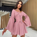 IAMHOTTY Chiffon Slash Neck Mini Dress Women Summer Beach Vacation Long Sleeve Corset Bandage Sundress Party Casual Dresses Pink