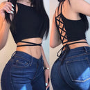Summer 2021 Sexy party tops Backless Hollow Out Fitness Sleeveless Short Crop Tops Camisoles streetwear black lace up Crop Tops