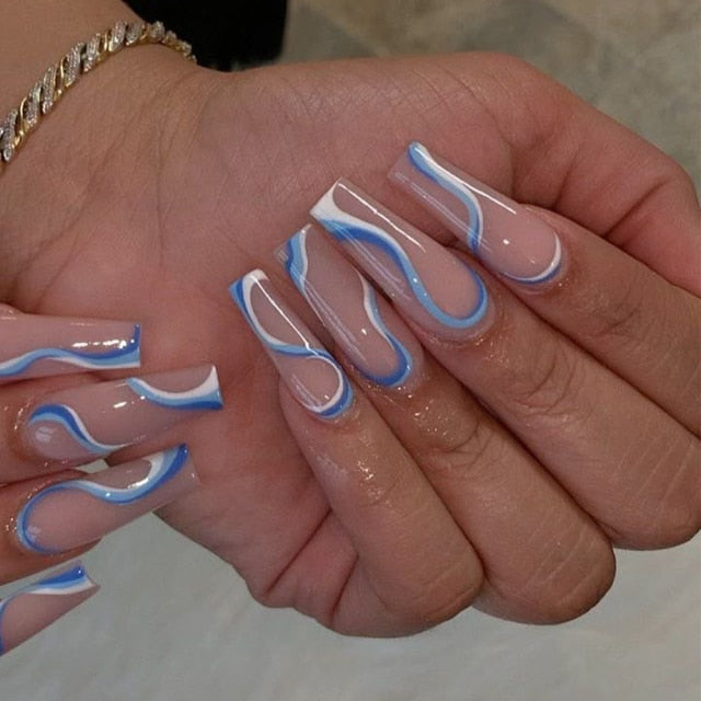 24pcs/set Long Stiletto Fake Nails Punk Snake Pattern Black White Matte False Nails Artificial Full Nail Tips Manicure Tools