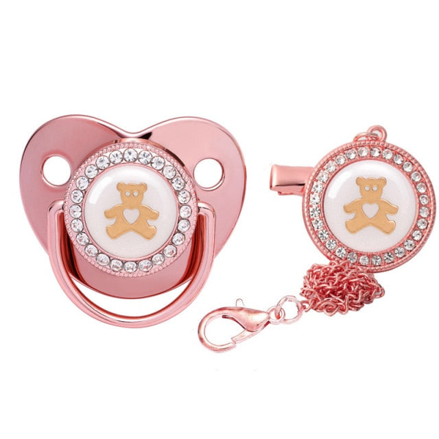 Newborn Baby Pacifier Clips Chain Rose Gold Bling Silicone Infant Pacifier Holder Baby Soother Nipple Dummy Baby Shower Gifts